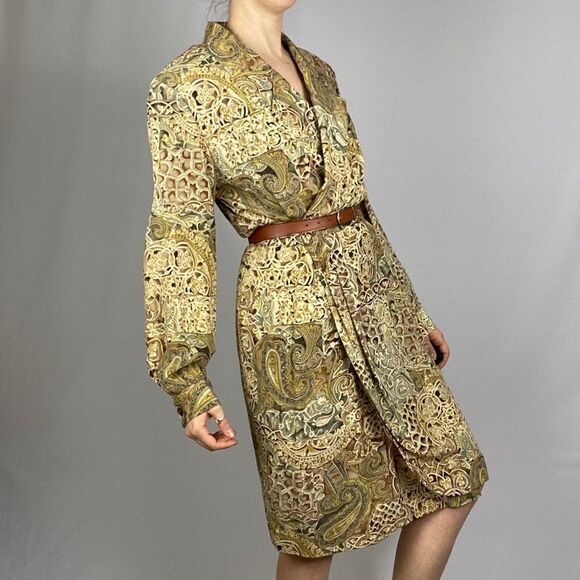 100% silk vintage long sleeve button down wrap dress. Neutral earth tin colours - Picture 6 of 13
